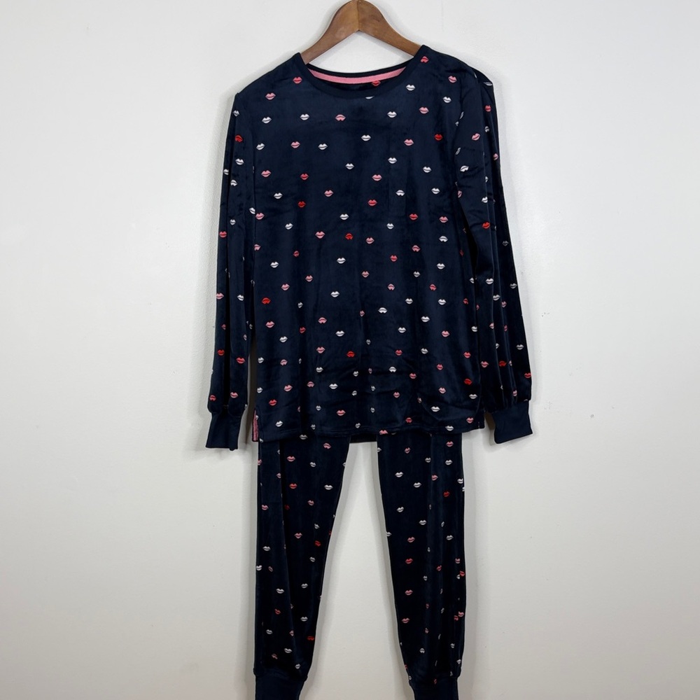Kate Spade Pajamas Womens Small Navy Blue Kiss  Stretch Velour Top Bottoms PJs